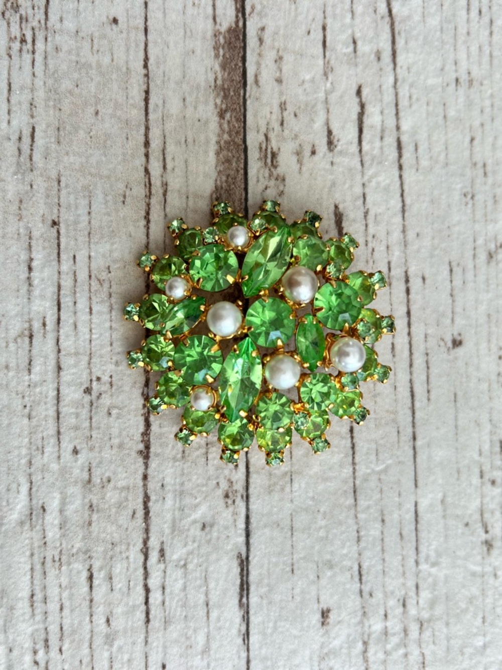 Gold-Tone Green Crystal and Pearl Cluster Brooch - Women Jewelry - Picture 6 of 6